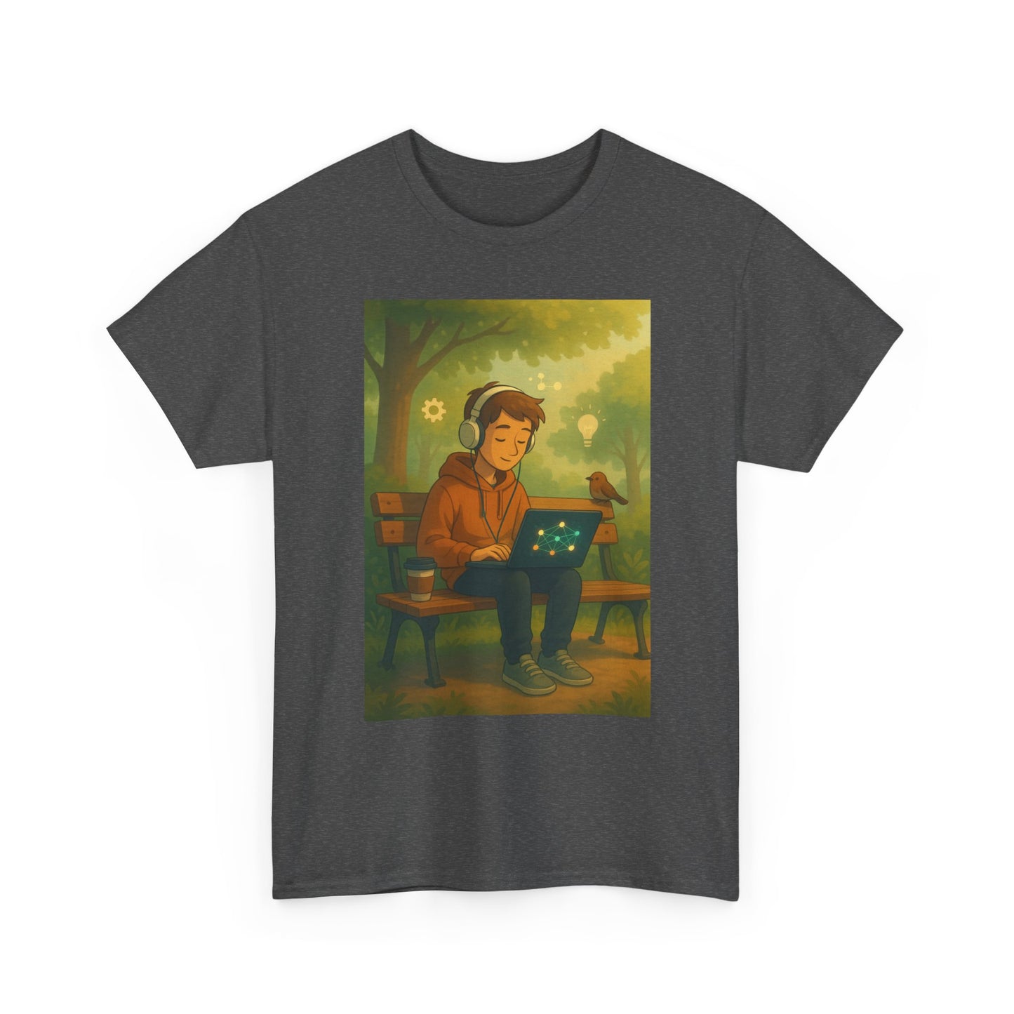 Laptop Park Bench Tee — Cozy Outdoor Coding Graphic T-Shirt