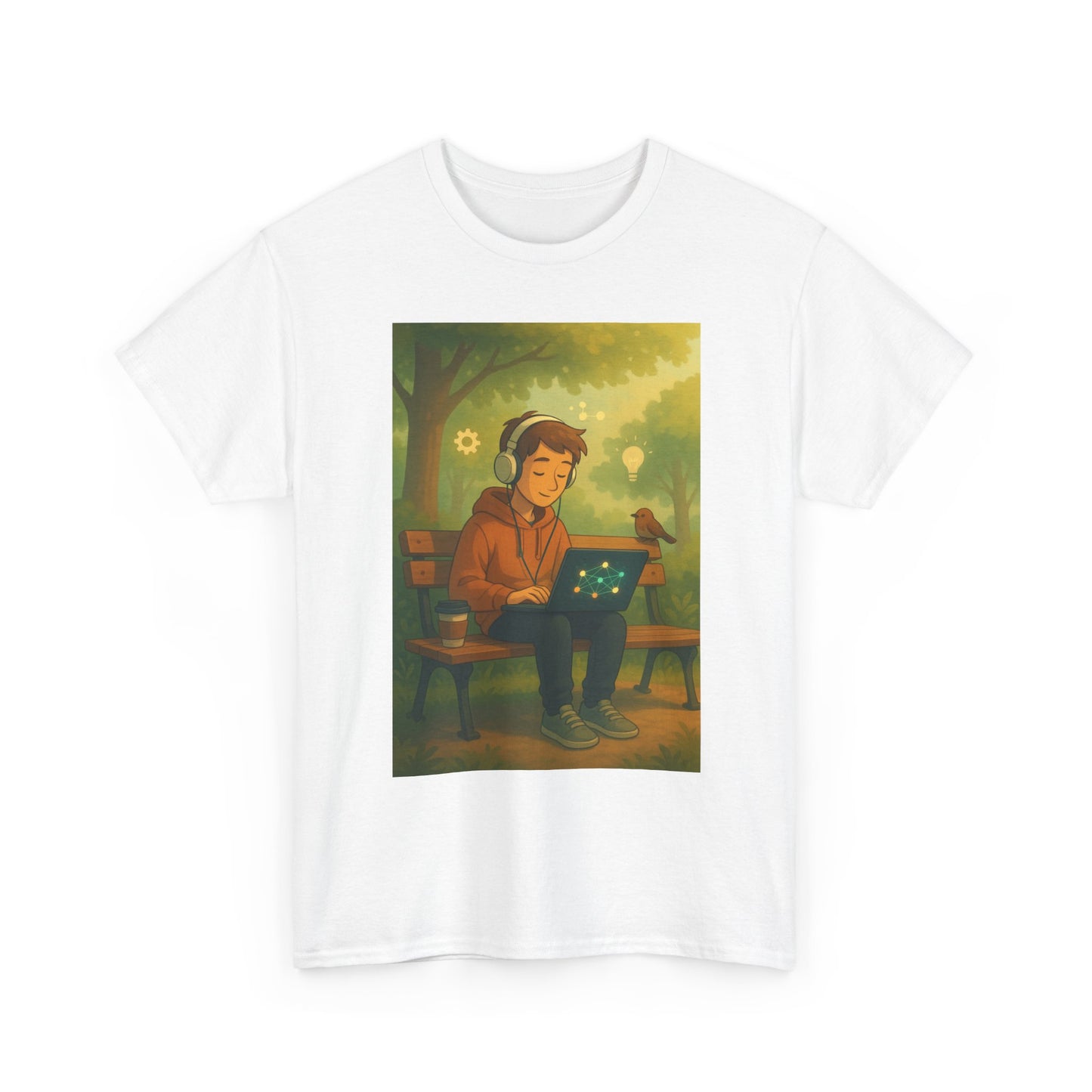 Laptop Park Bench Tee — Cozy Outdoor Coding Graphic T-Shirt