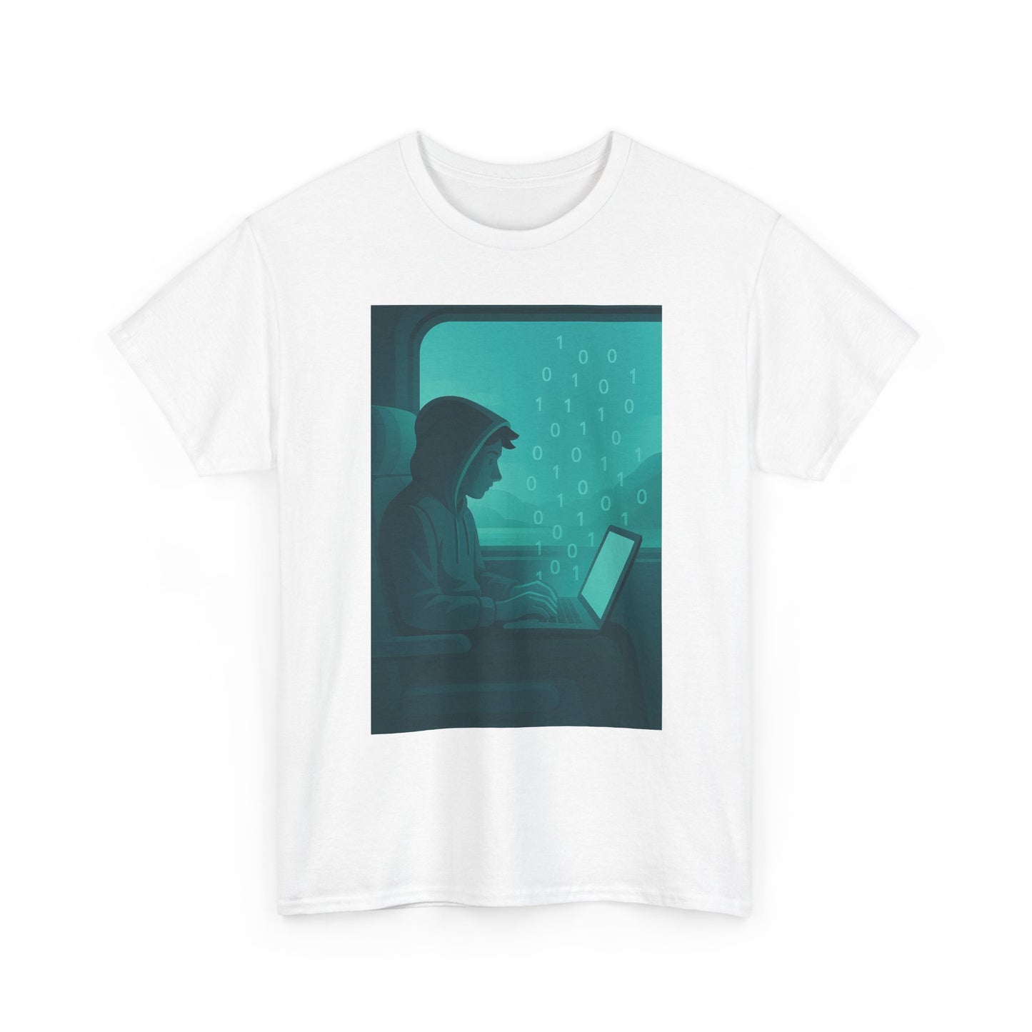 Coder on a Night Flight T‑Shirt — Laptop Window Seat Graphic Tee