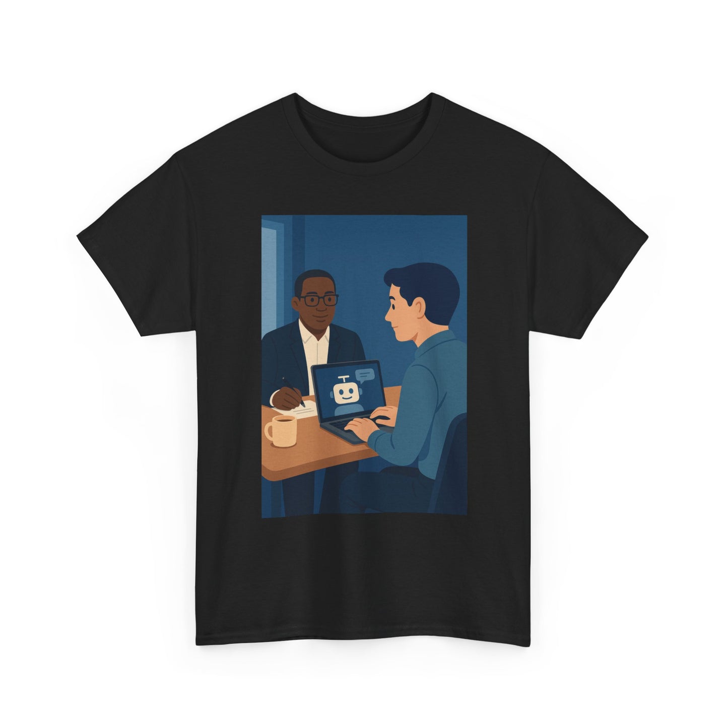 Interview Prep T‑Shirt — Coffee, Laptop & Mock Interview Illustration