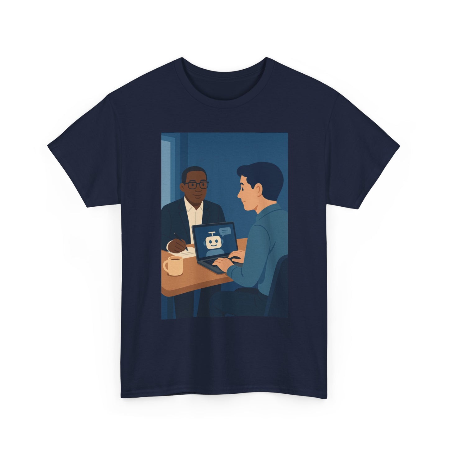 Interview Prep T‑Shirt — Coffee, Laptop & Mock Interview Illustration