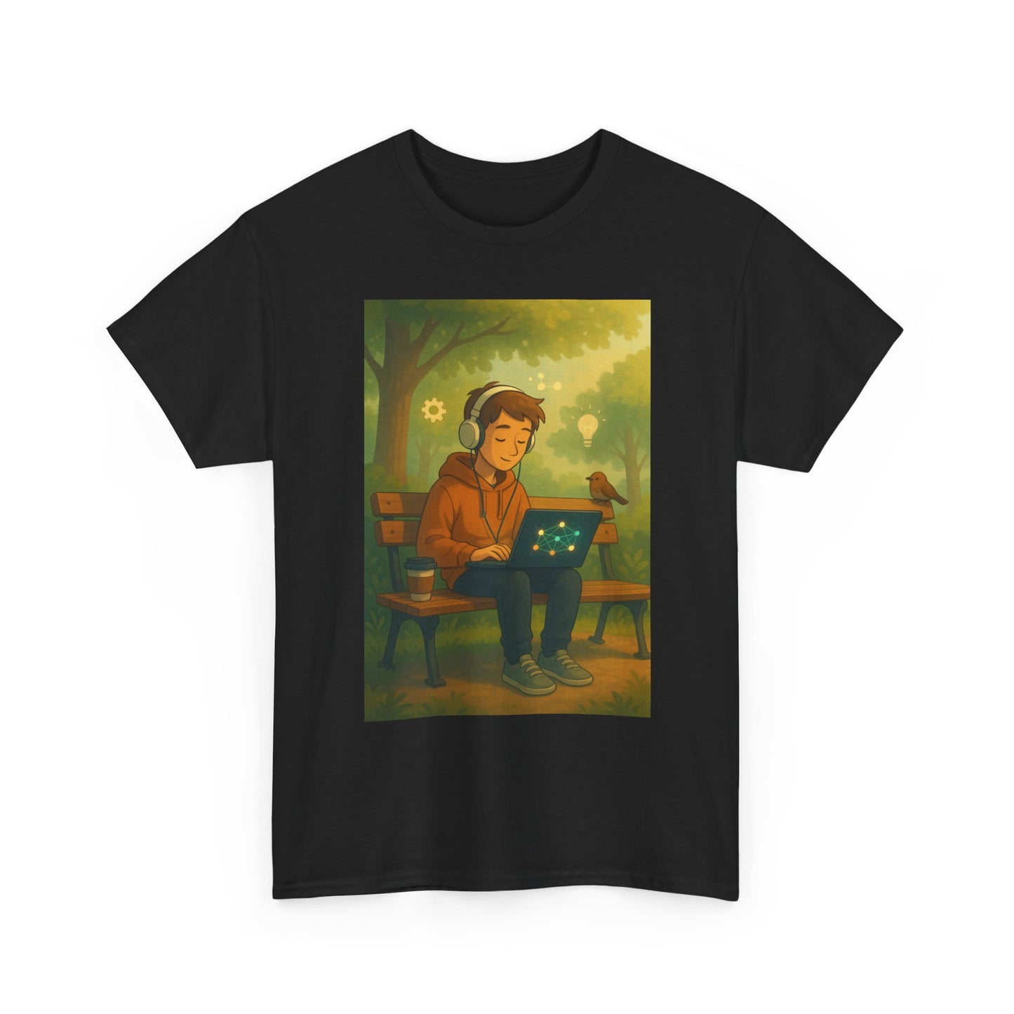 Laptop Park Bench Tee — Cozy Outdoor Coding Graphic T-Shirt