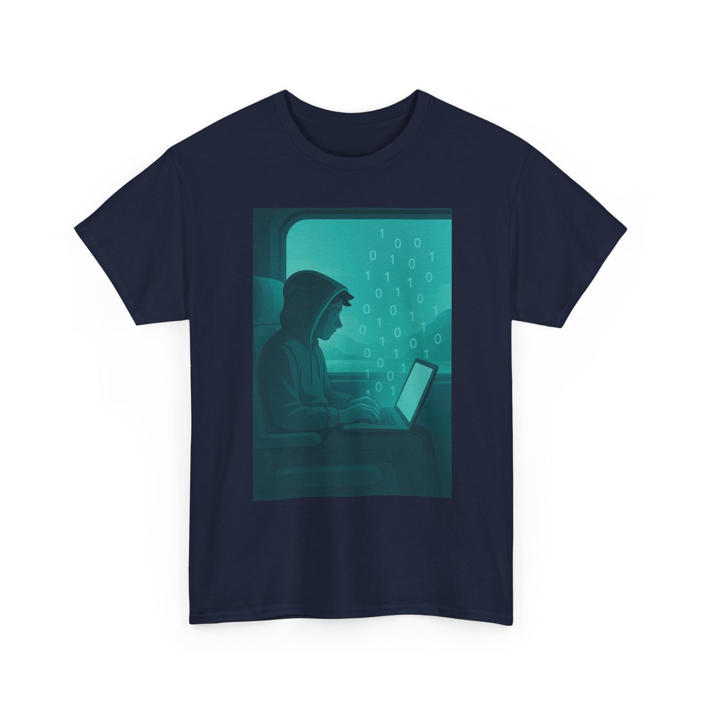 Coder on a Night Flight T‑Shirt — Laptop Window Seat Graphic Tee